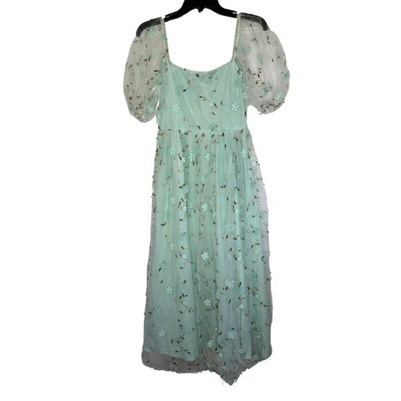 Aqua Floral Whimsical Flower Balloon Bubble Sleeves Girly MIDI Dress R5 - Picture 3 of 11